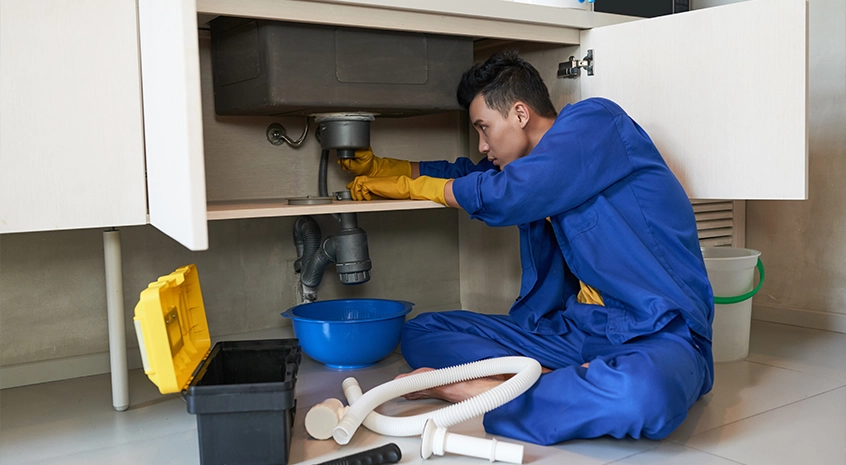 Plumber fixing kitchen sink drain under cabinet with tools and blue bucket.